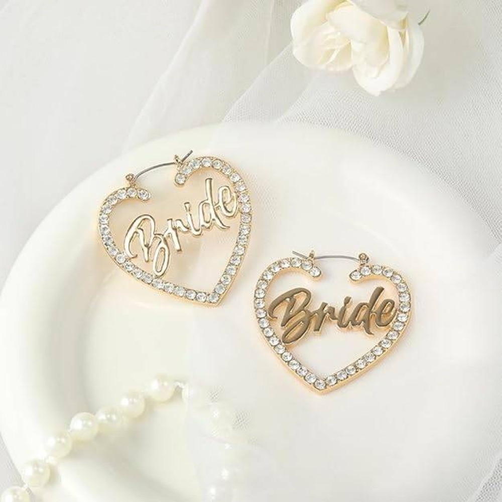 Bride Heart Hoop Earrings Rhinestone Gold Tone Wedding Bridal Party Jewelry